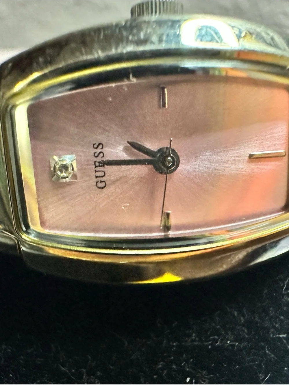 GUESS Silver-Tone Bangle Watch with Pink Sunray Dial vintage